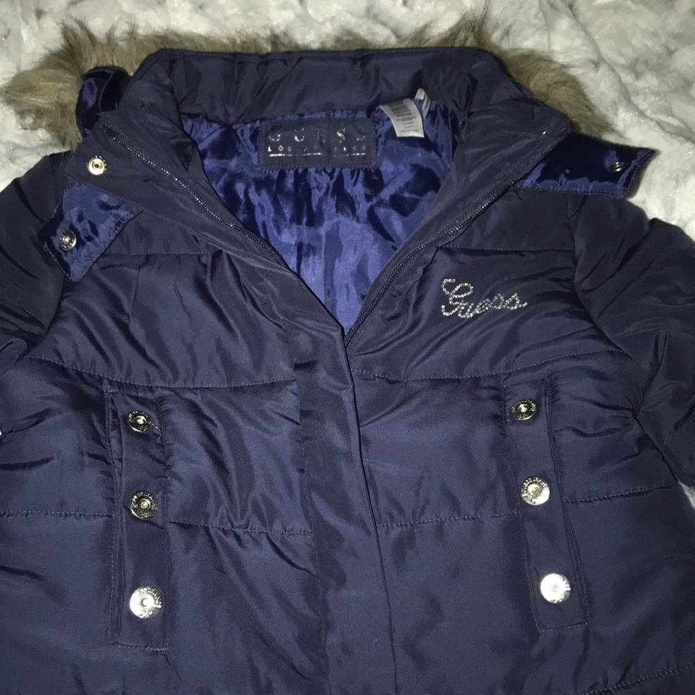 NWT GUESS Girls Sz 12 Puffer Jacket w/ Fur & BLING - Picture 3 of 5